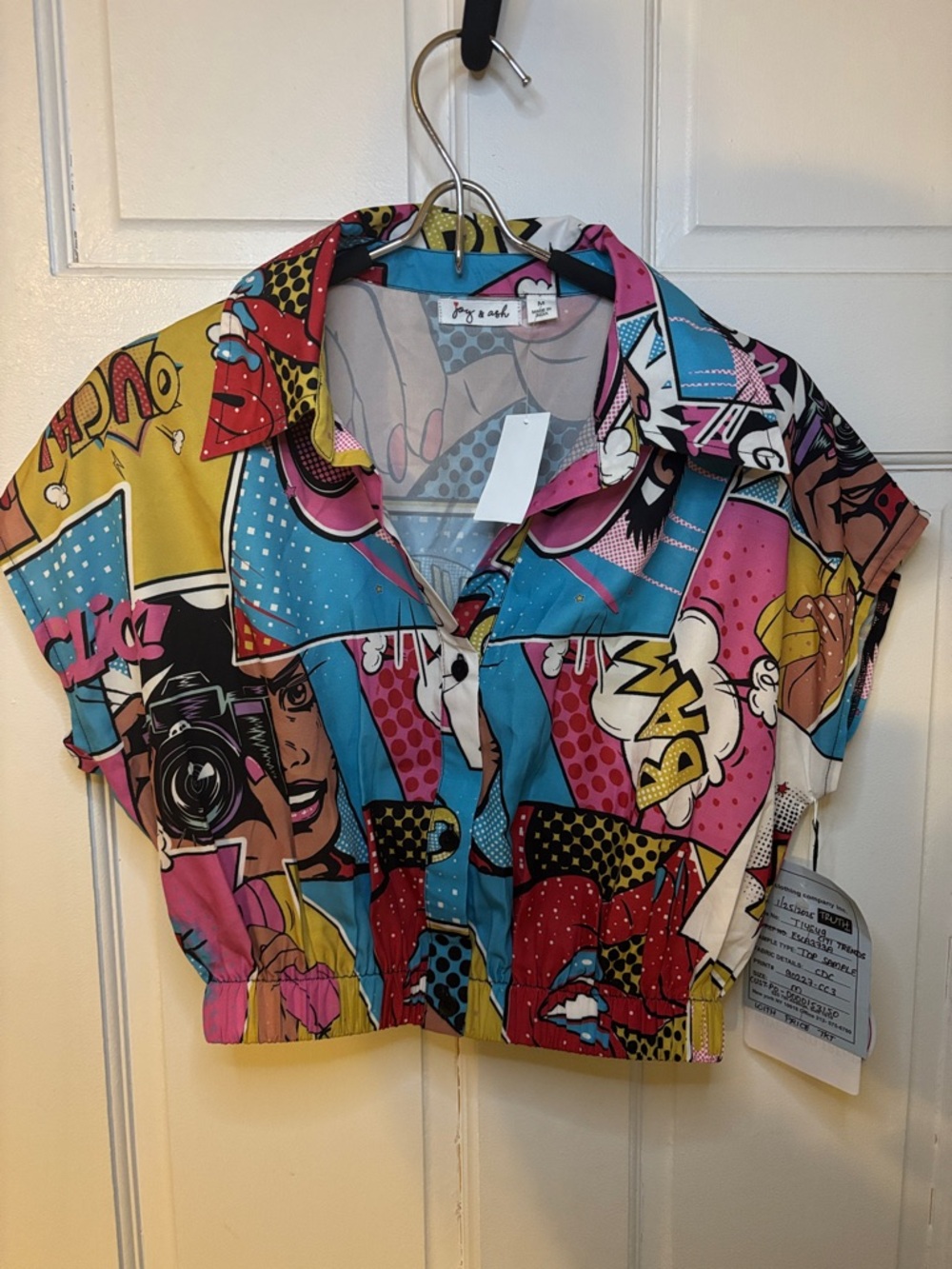 Girls' Pop Art Cropped Button-Up Shirt - Pink, Blue & Yellow